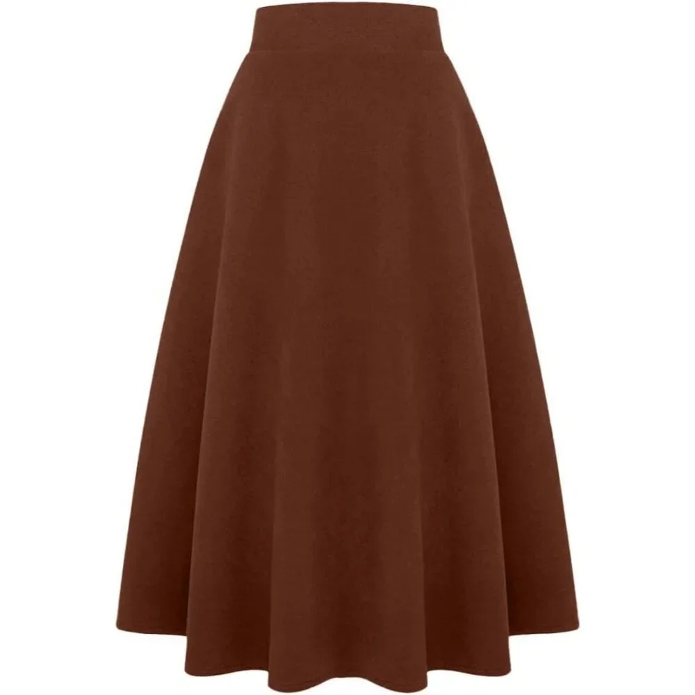 Womens LongPure CoffeeElastic Waist A-Line Pleated Tartan Long Plaid Wool Skirts